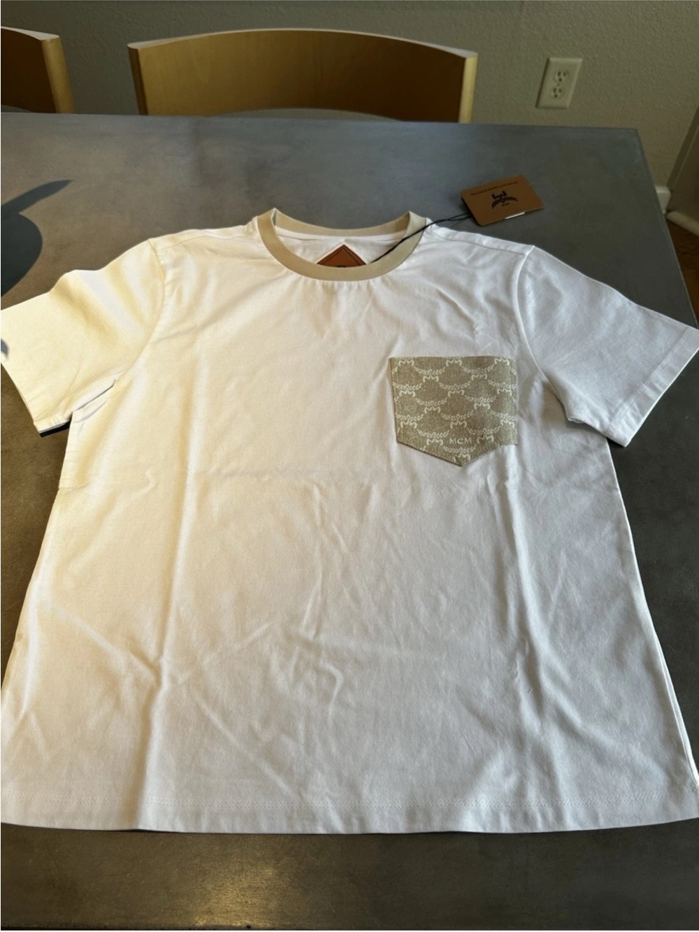 MCM White Cotton T-Shirt with Logo Pocket, Women’s size large